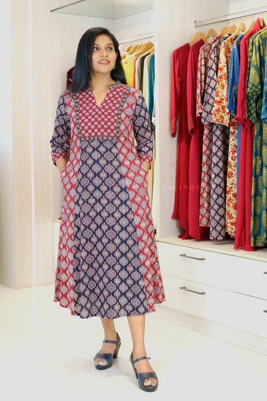 Jacinda Women's Red and Black Ajrakh Print Aline Dress