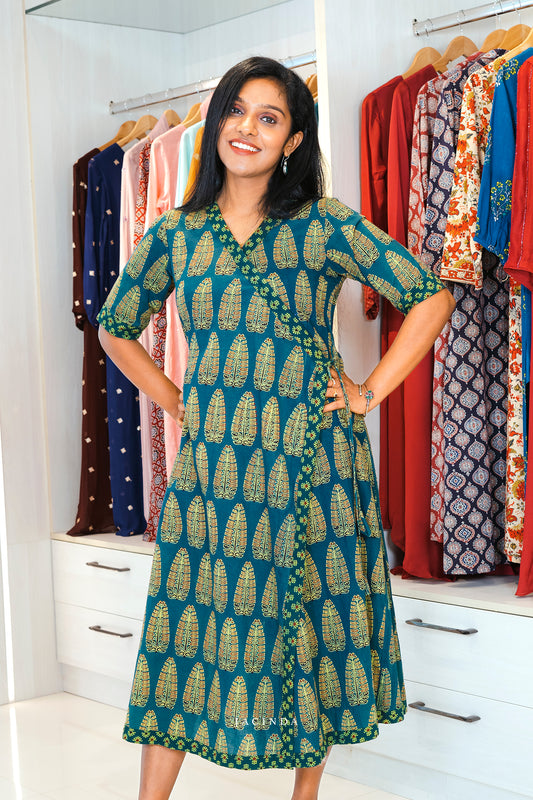 Buy Jacinda Ajrakh Print Green Angrekha Dress