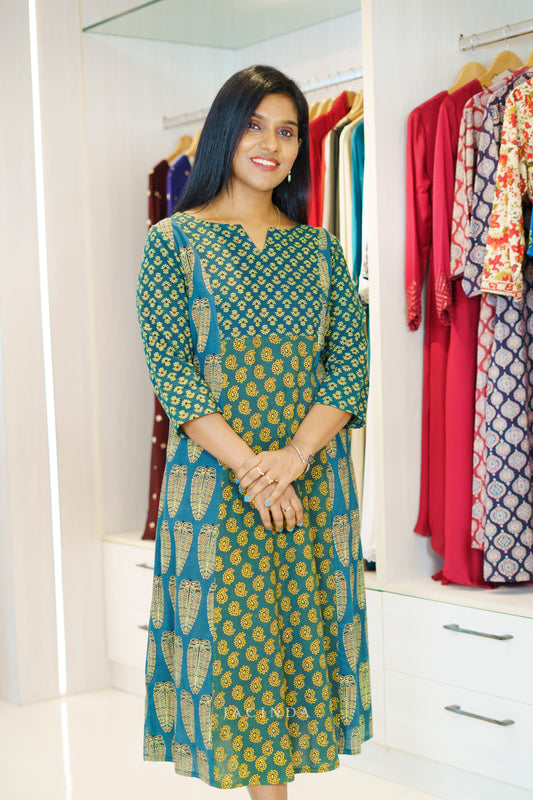 Buy Green Ajrakh Panel Aline Dress Kurti