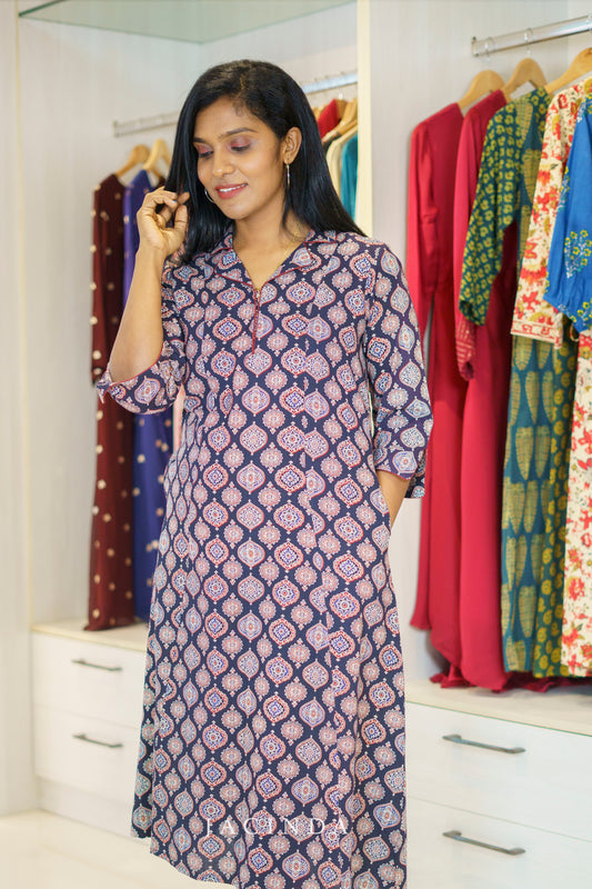 Buy Black Ajrakh Print Cotton Kurti Dress