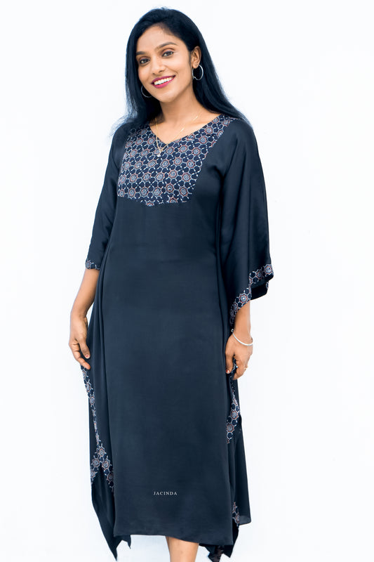 Jacinda Modal Silk Kaftan For Women in black with intricate embroidery and comfortable loose fit