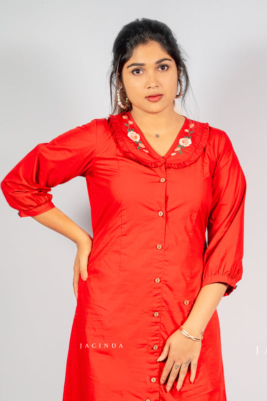 Jacinda red dress with floral embroidery on collar for modern Indo Western casual wear