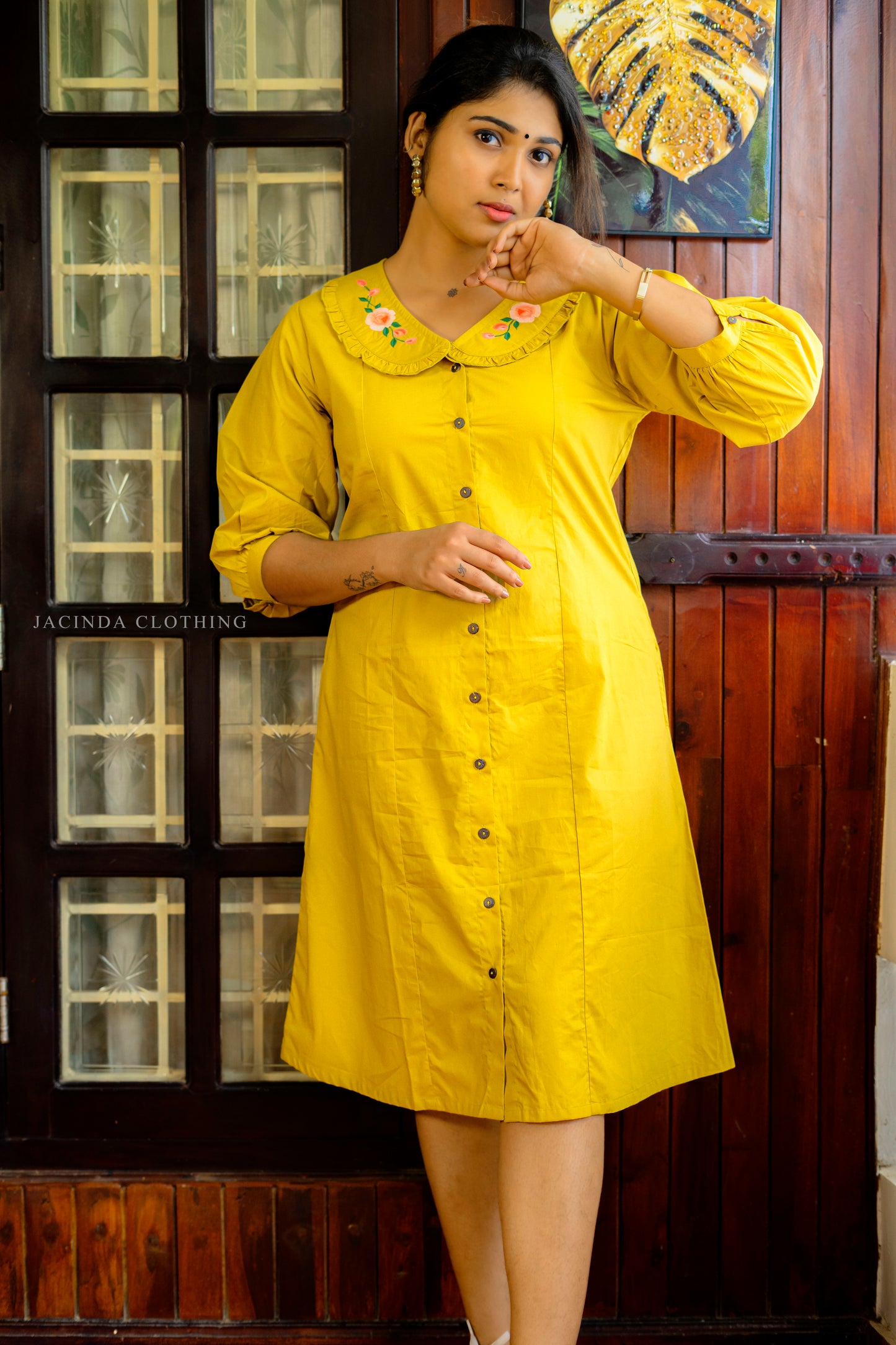 Jacinda yellow dress with floral collar detail for modern Indo Western casual wear