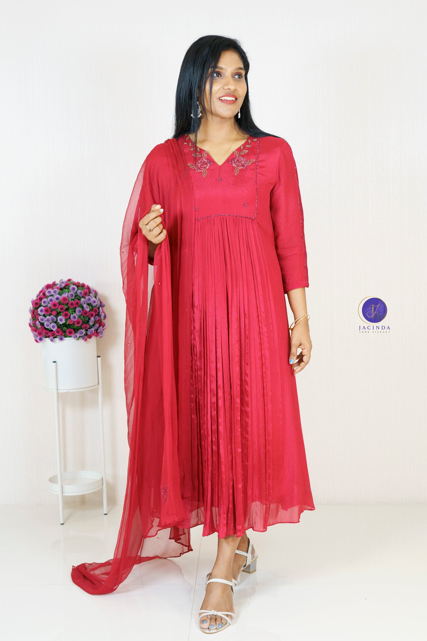 Jacinda premium collection Georgette Aline Party Wear Dress in red with embroidered neckline and matching dupatta