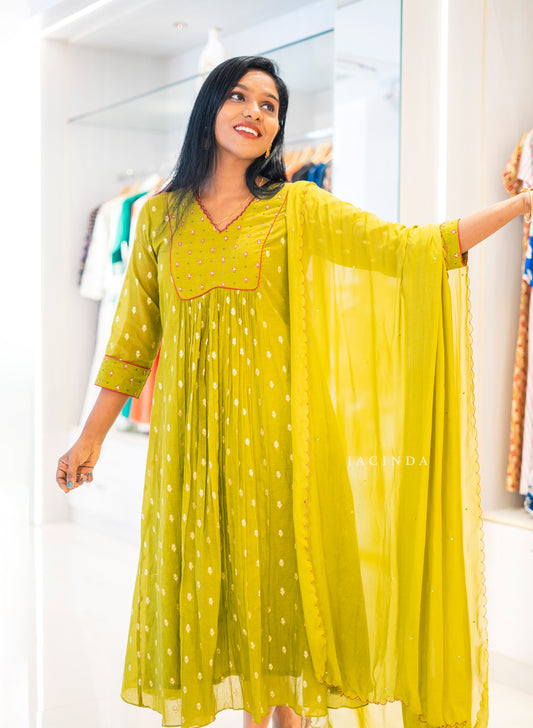 Jacinda women's chanderi party set in lime green with gold motifs and matching dupatta
