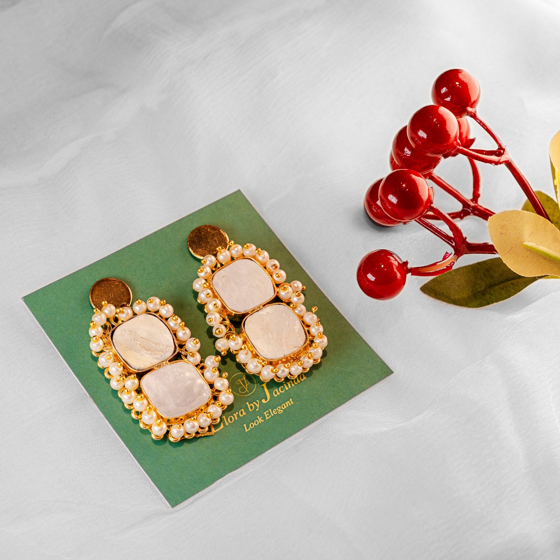 Jacinda.in Buy Sqaure Shape White Double Stone & Pearl Gold Plated Earrings