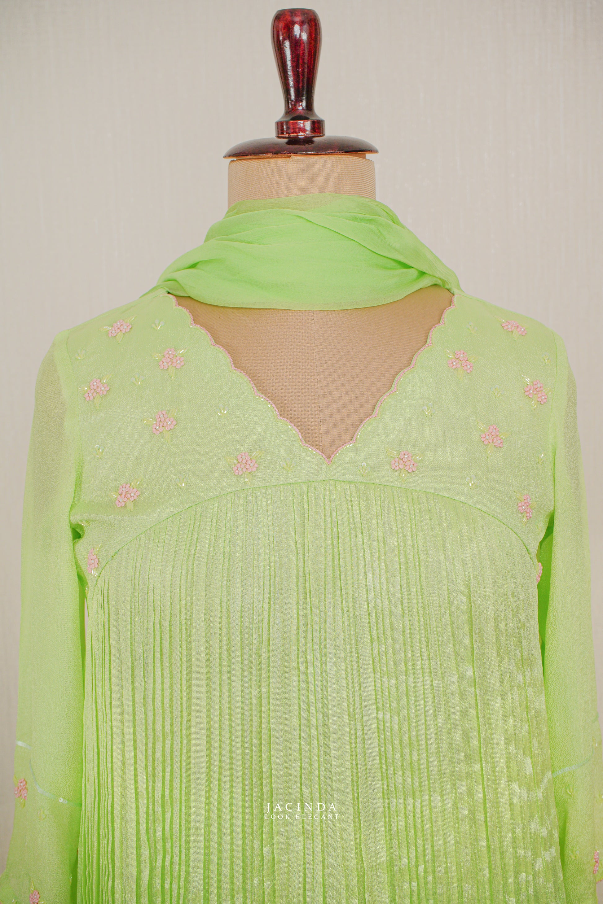 Buy Lemon green aline party wear set
