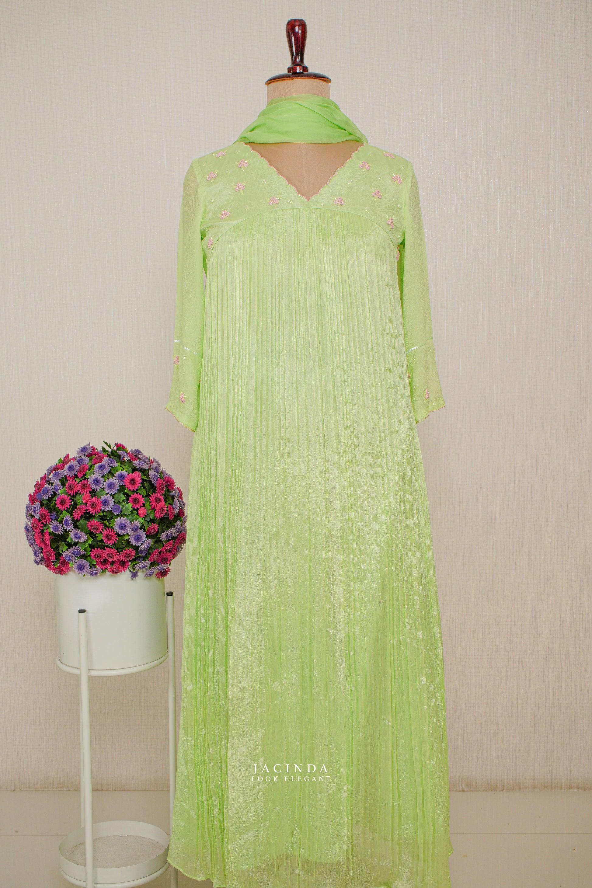 Buy Lemon green aline party wear set