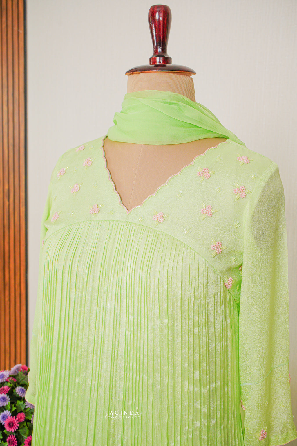 Buy Lemon green aline party wear set