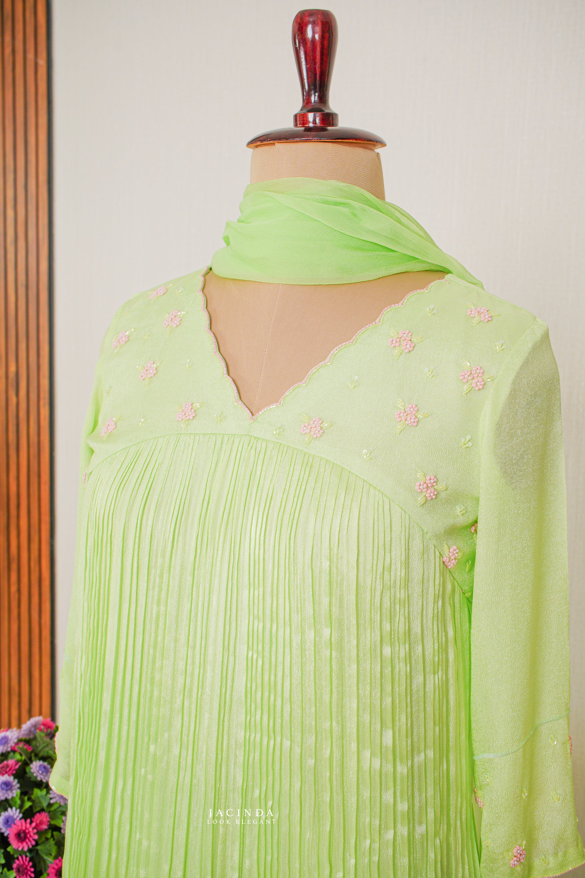 Buy Lemon green aline party wear set