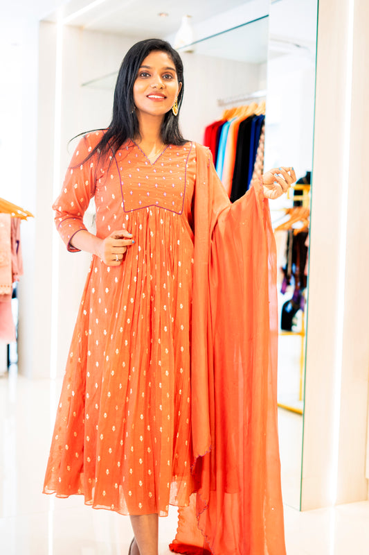 Jacinda Women's Rust Orange Mul Chanderi Party Wear set