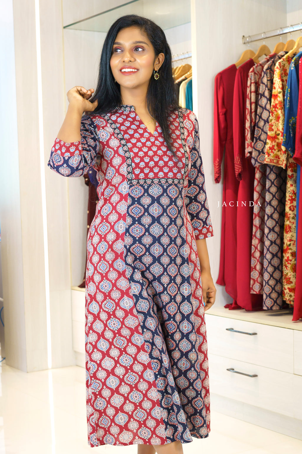 Jacinda Women's Red and Black Ajrakh Print Aline Dress
