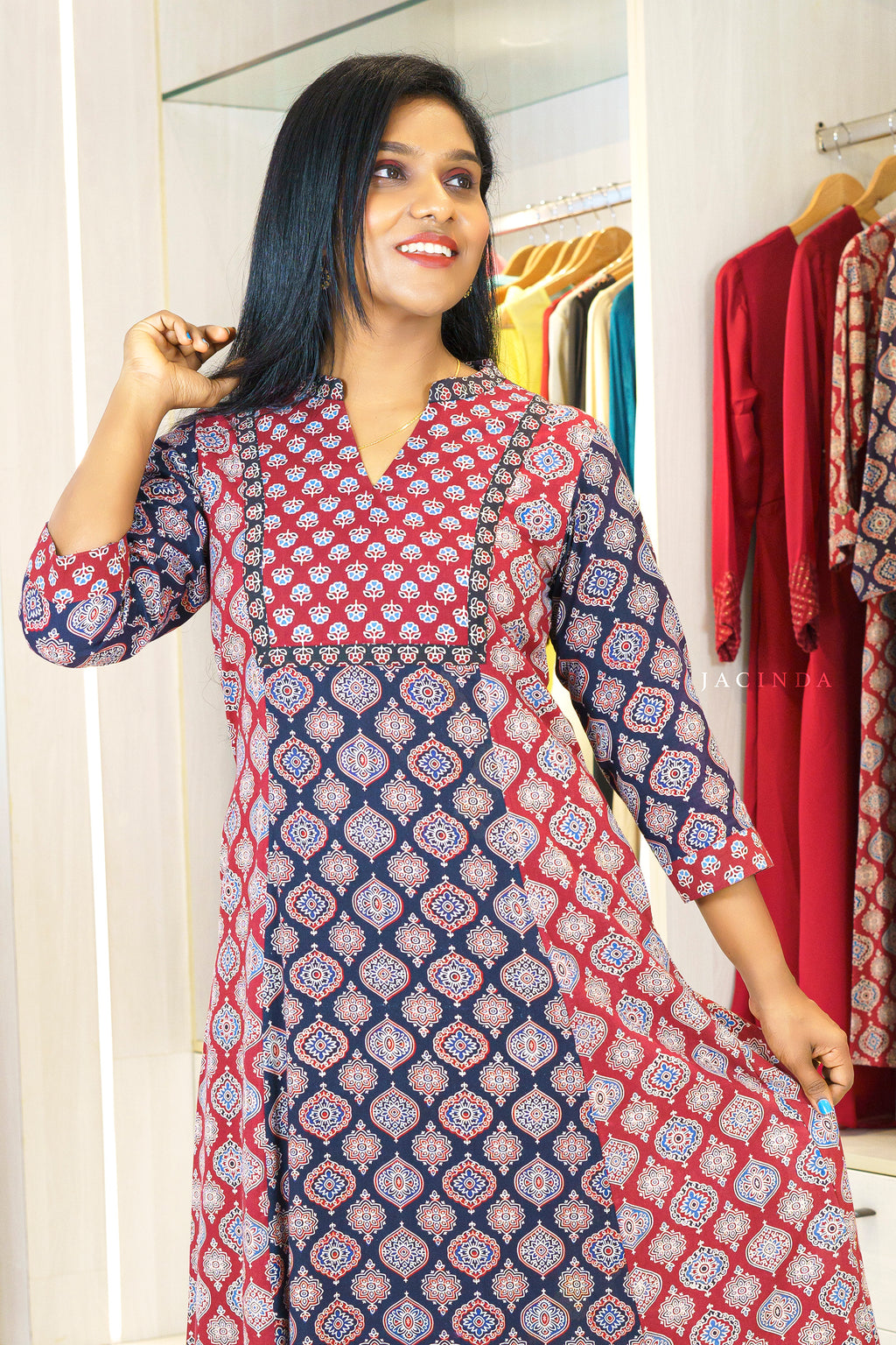 Jacinda Women's Red and Black Ajrakh Print Aline Dress