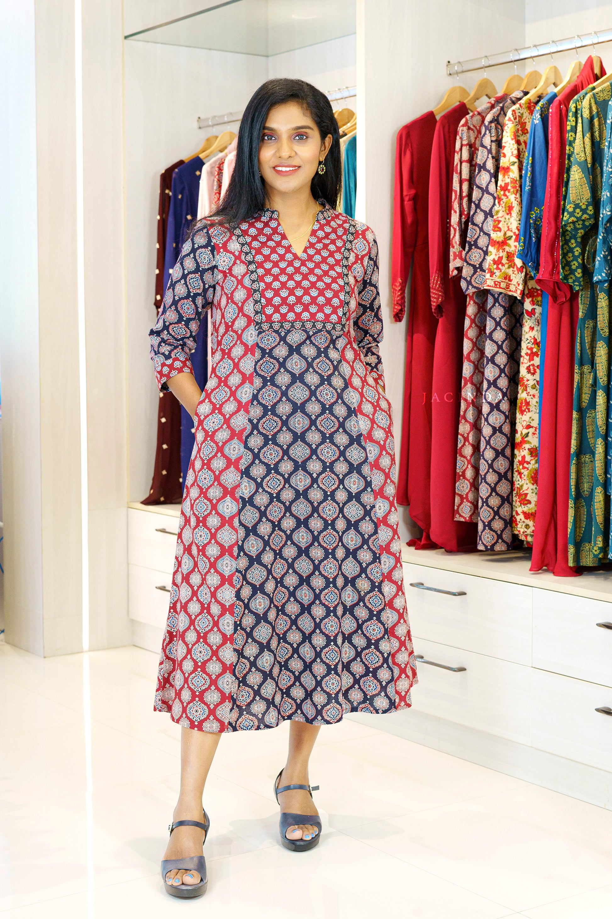 Jacinda Women's Red and Black Ajrakh Print Aline Dress
