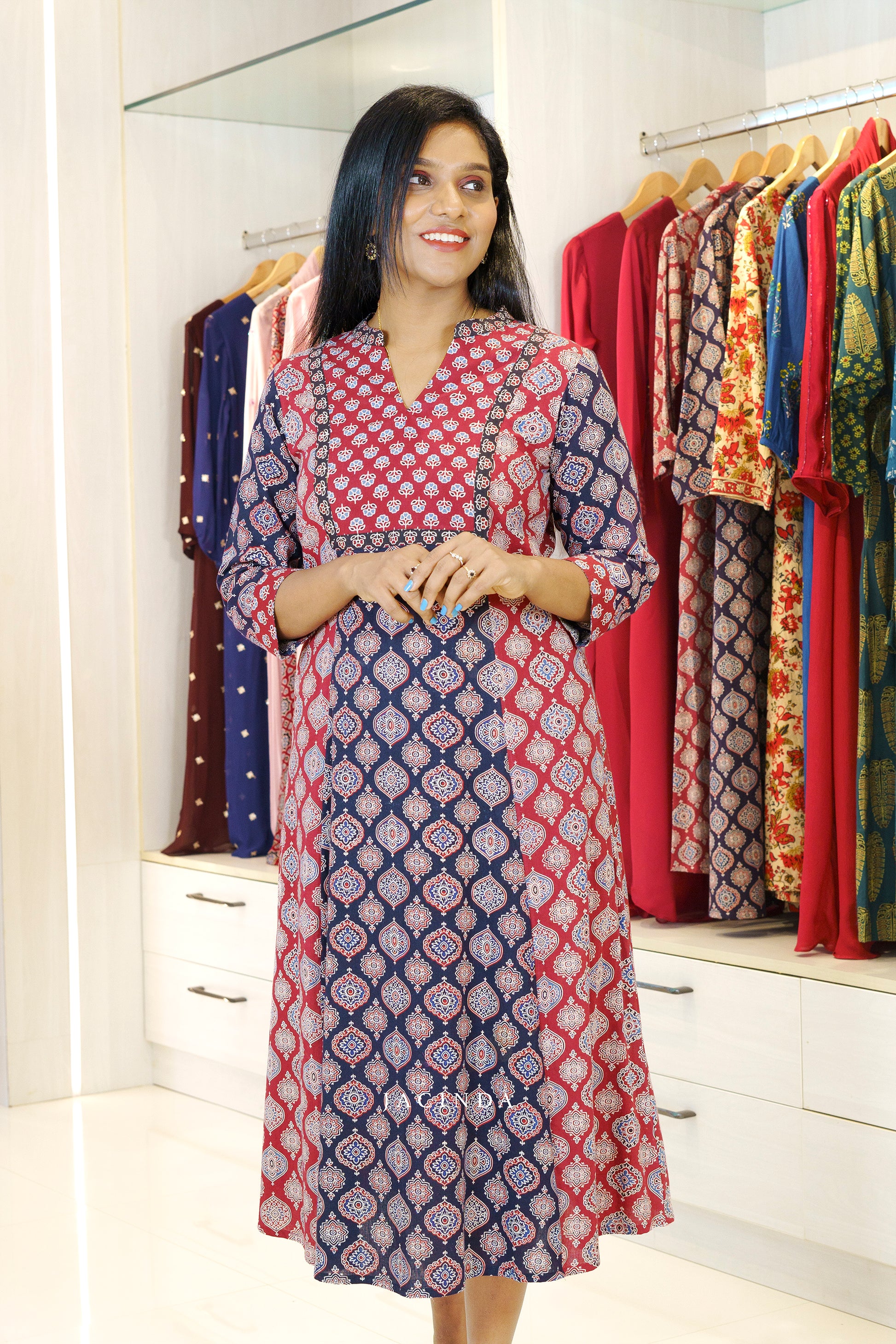 Jacinda Women's Red and Black Ajrakh Print Aline Dress