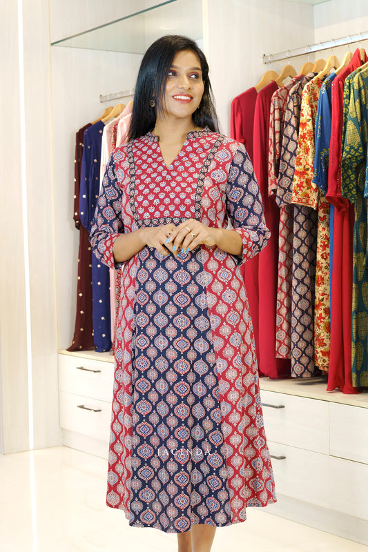 Jacinda Women's Red and Black Ajrakh Print Aline Dress