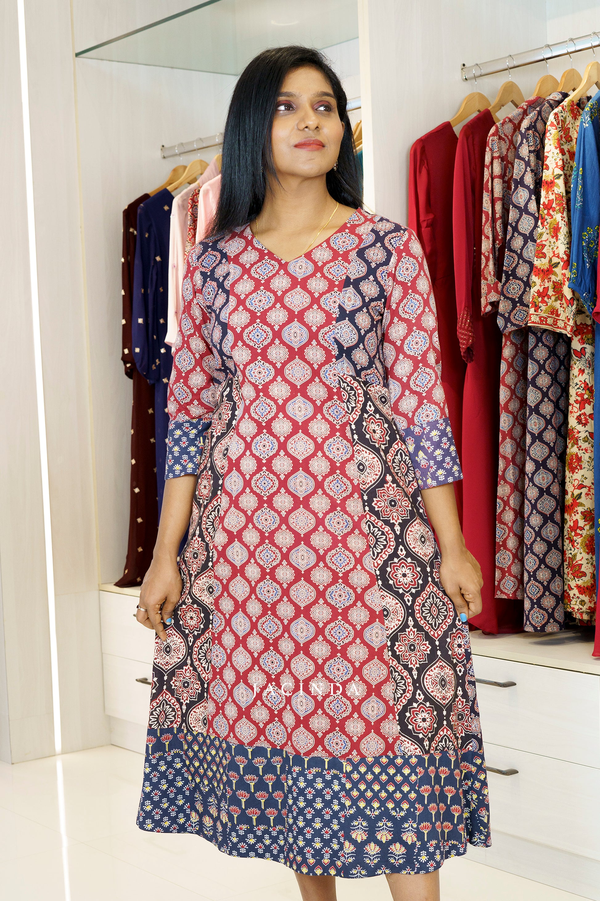 Jacinda Women's Ajrakh Print Cotton Aline Dress