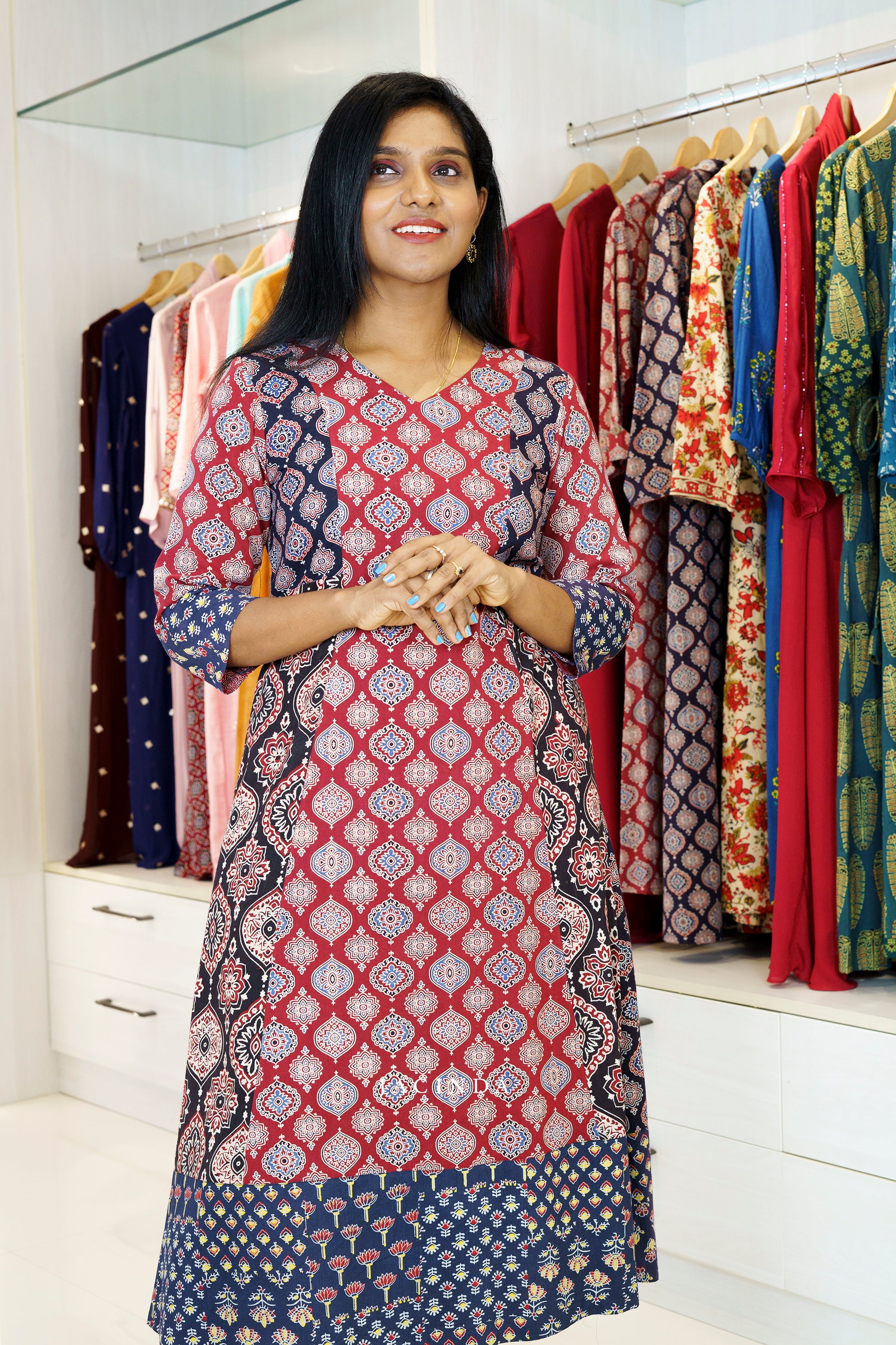 Jacinda Women's Ajrakh Print Cotton Aline Dress
