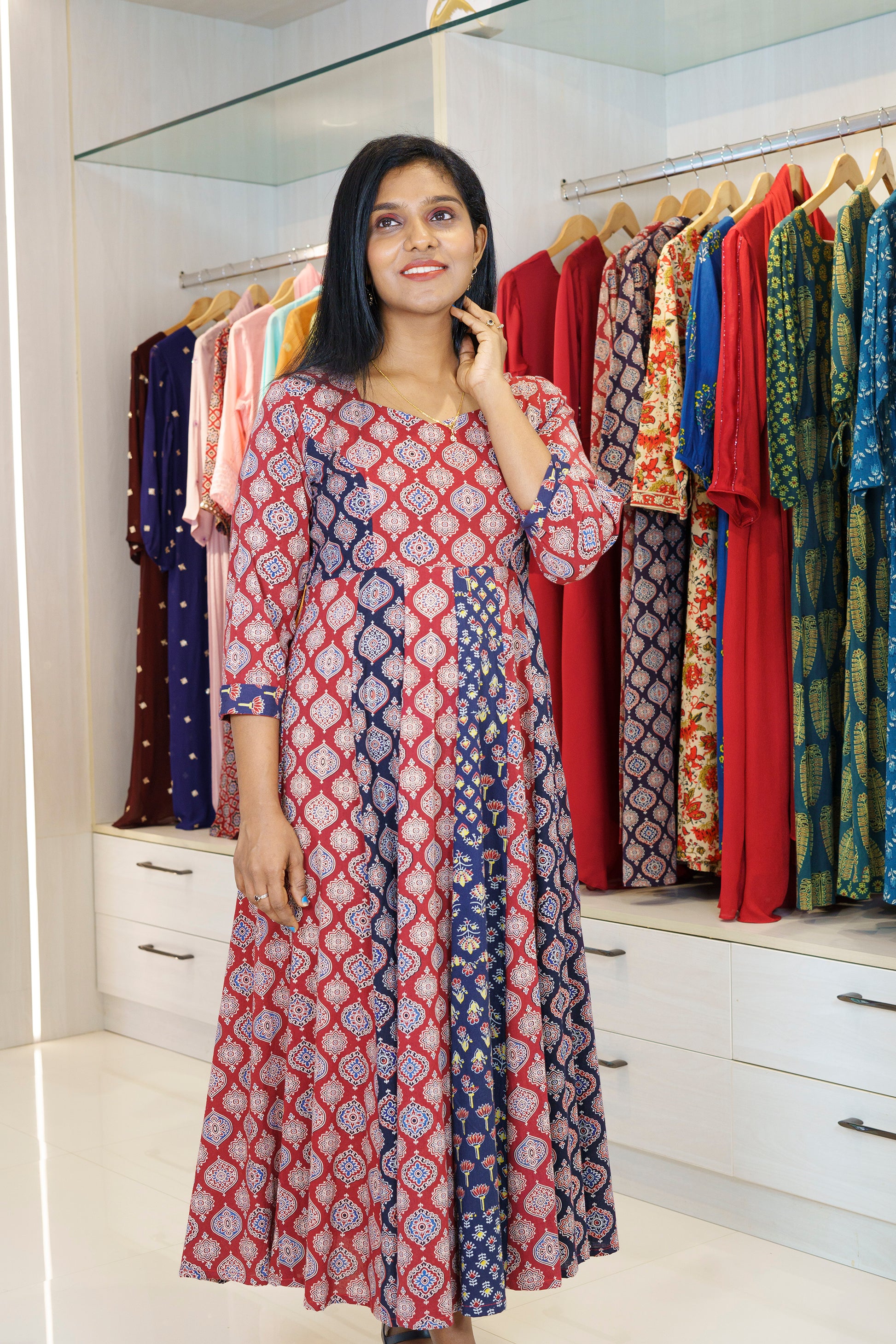 Jacinda Women Ajrakh Print 6 panel Aline Dress