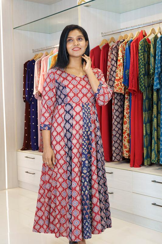 Jacinda Women Ajrakh Print 6 panel Aline Dress