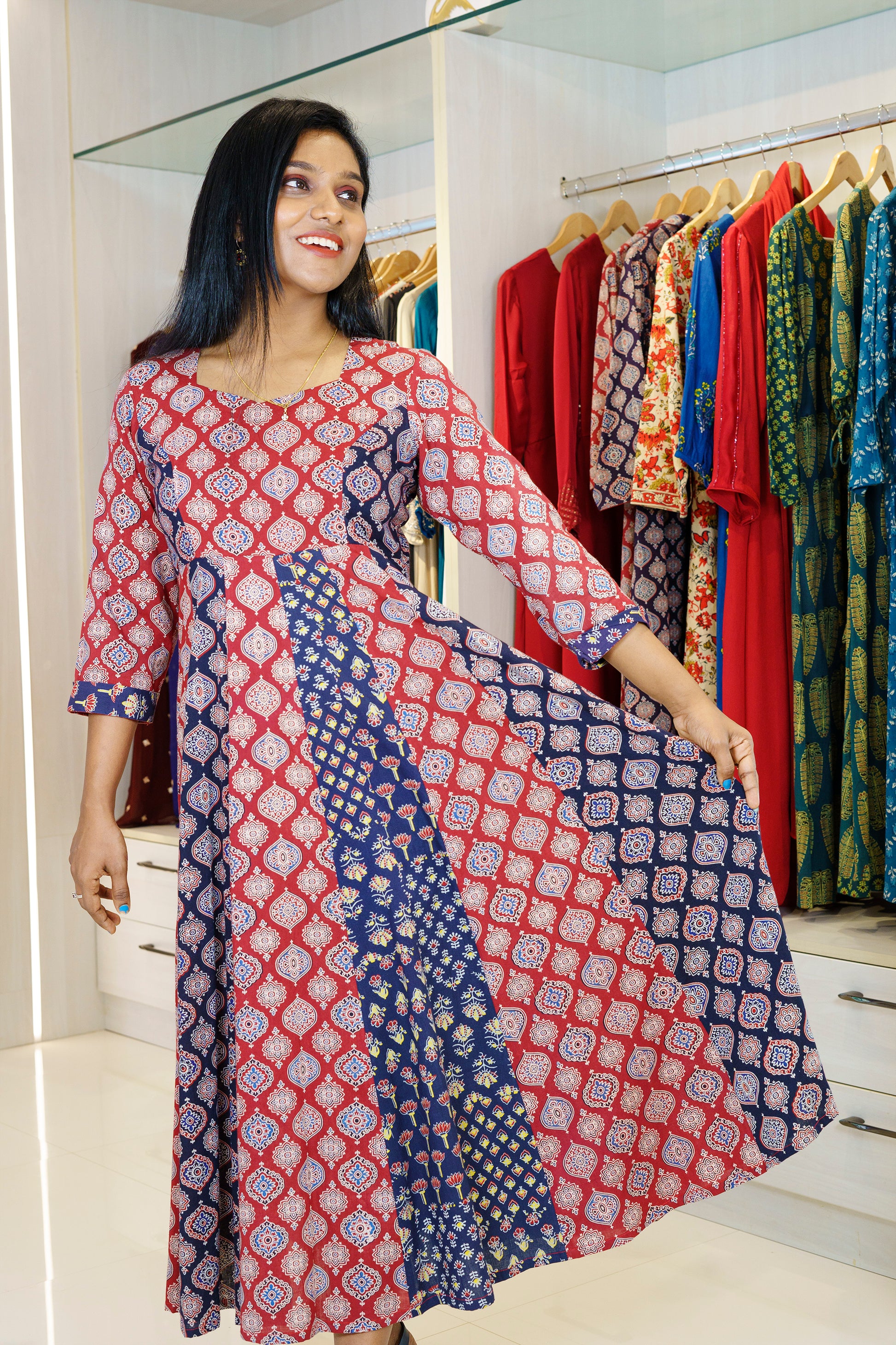Jacinda Women Ajrakh Print 6 panel Aline Dress