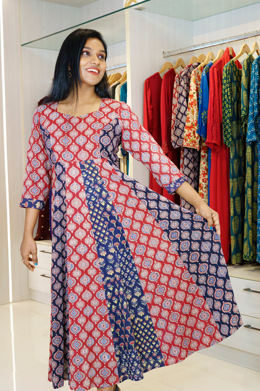 Jacinda Women Ajrakh Print 6 panel Aline Dress