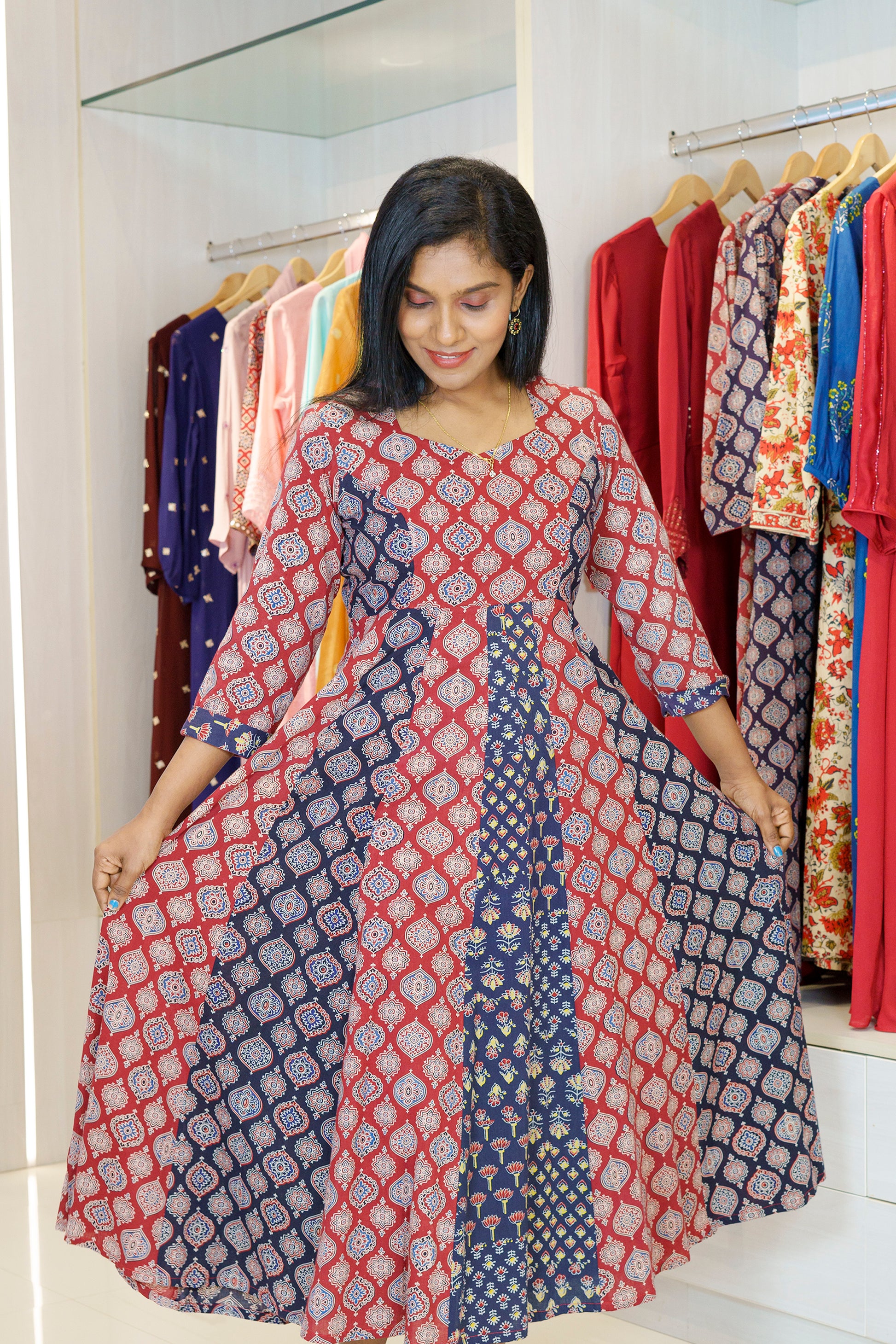 Jacinda Women Ajrakh Print 6 panel Aline Dress