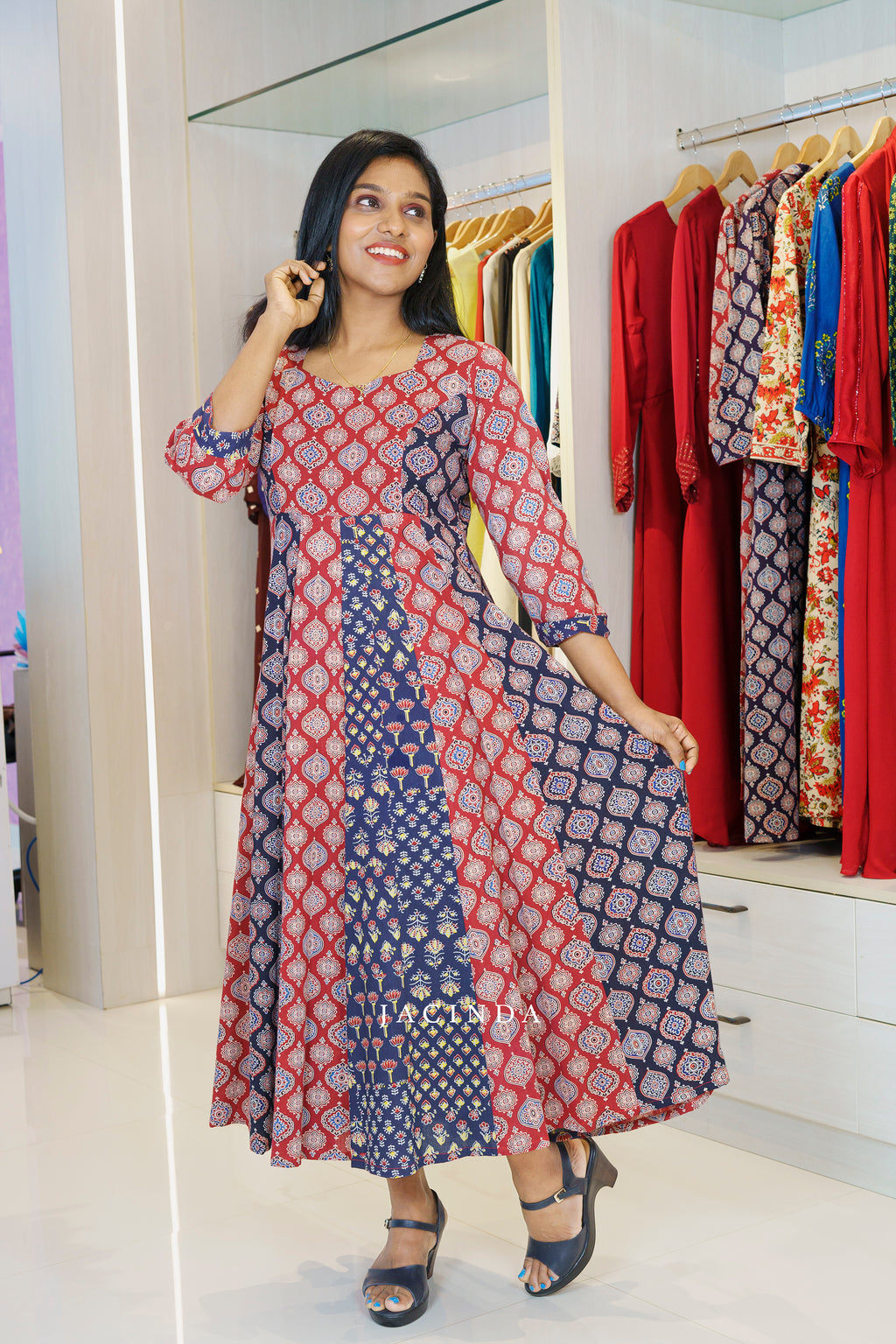 Jacinda Women Ajrakh Print 6 panel Aline Dress