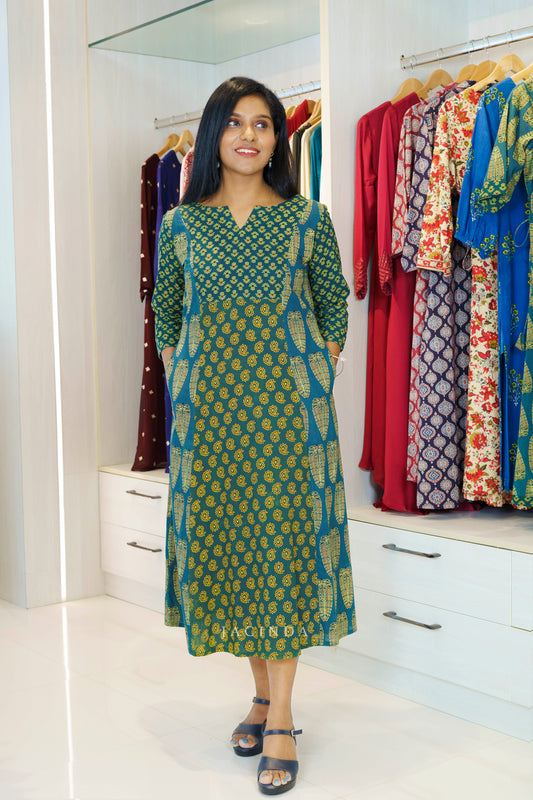 Buy Green Ajrakh Panel Aline Dress Kurti
