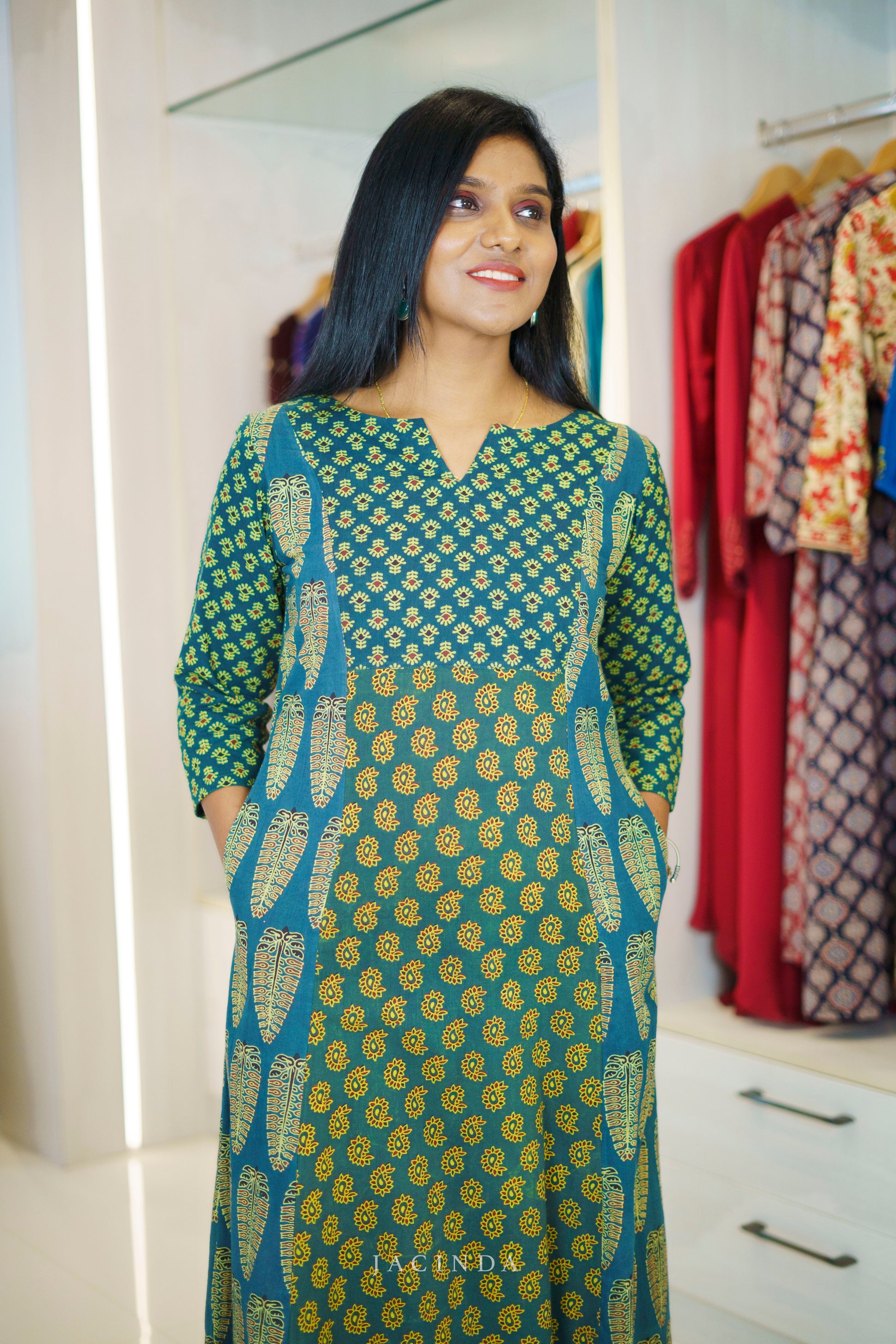 Buy Green Ajrakh Panel Aline Dress Kurti