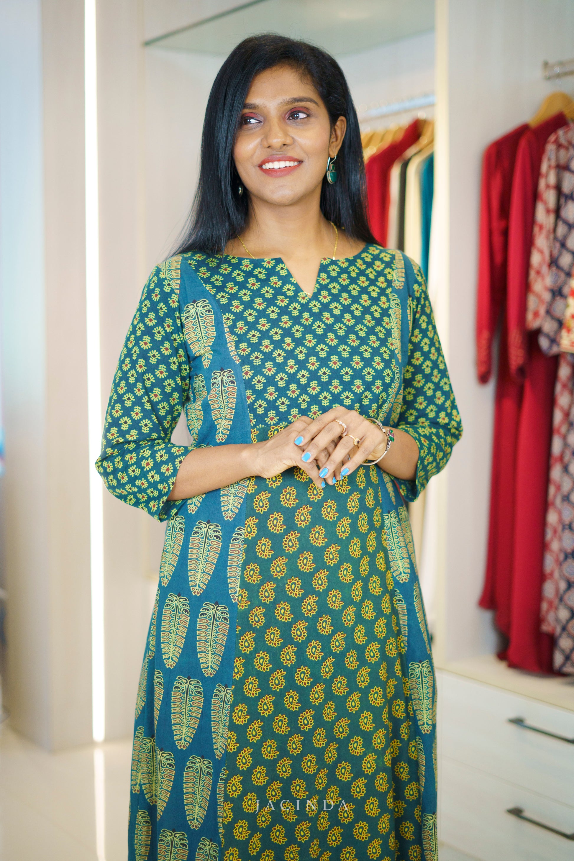 Buy Green Ajrakh Panel Aline Dress Kurti