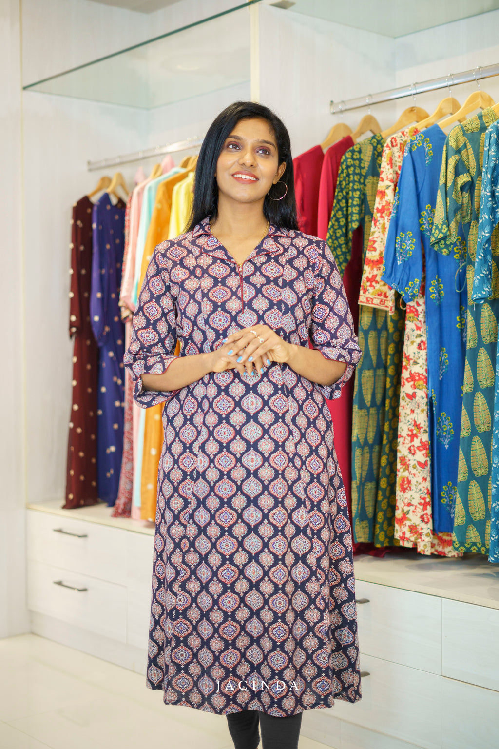 Buy Black Ajrakh Print Cotton Kurti Dress
