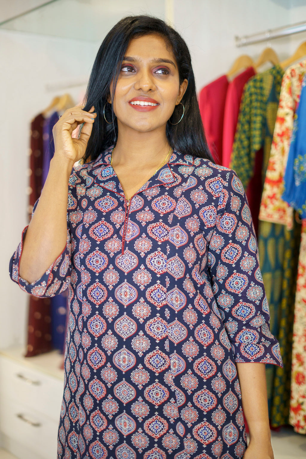 Buy Black Ajrakh Print Cotton Kurti Dress