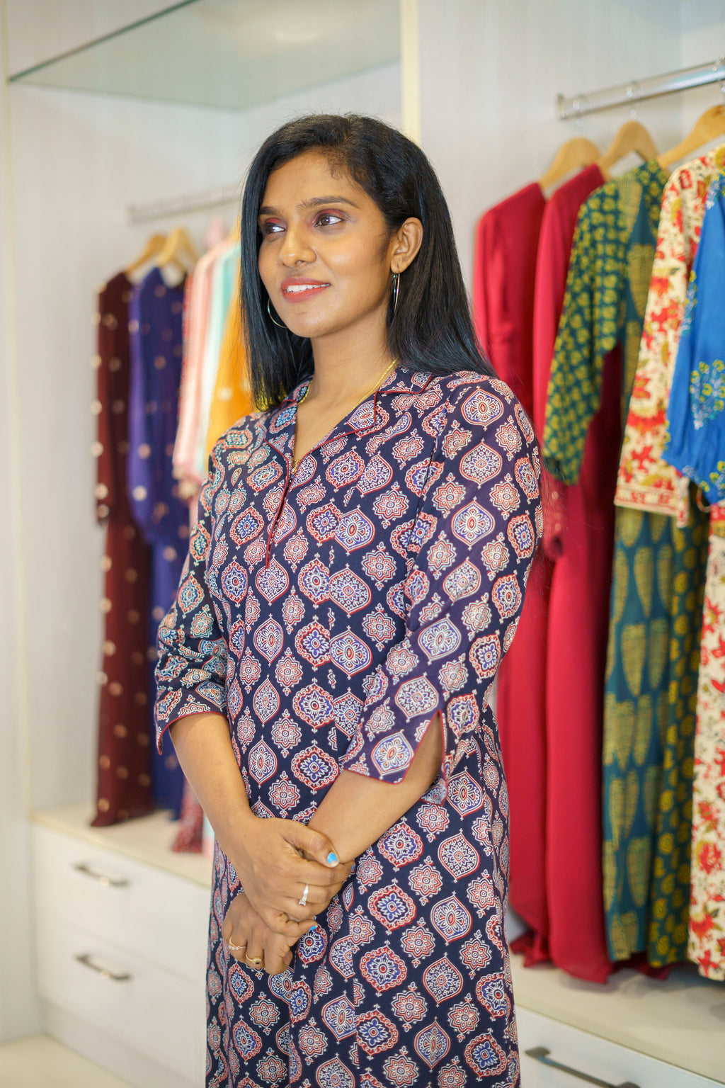 Buy Black Ajrakh Print Cotton Kurti Dress