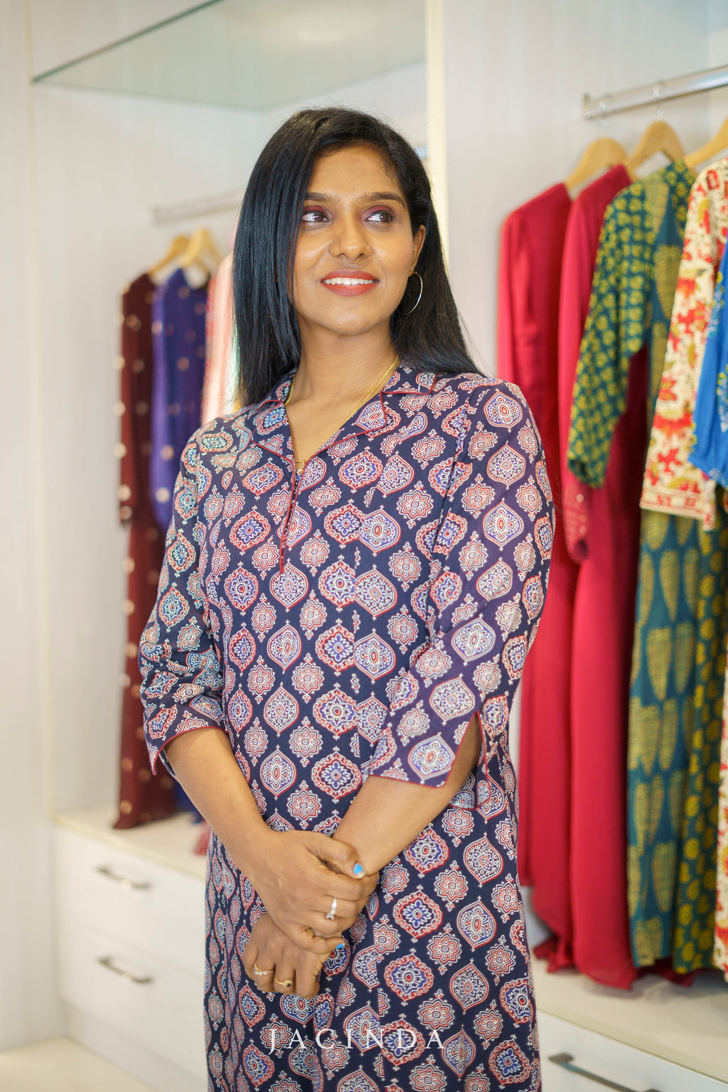 Buy Black Ajrakh Print Cotton Kurti Dress