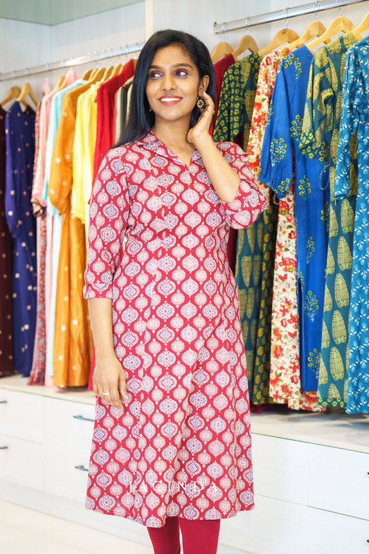 Buy Jacinda Red Ajrakh Print Cotton Aline Dress Kurti