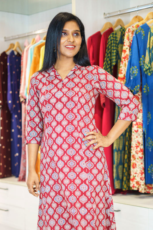 Buy Jacinda Red Ajrakh Print Cotton Aline Dress Kurti