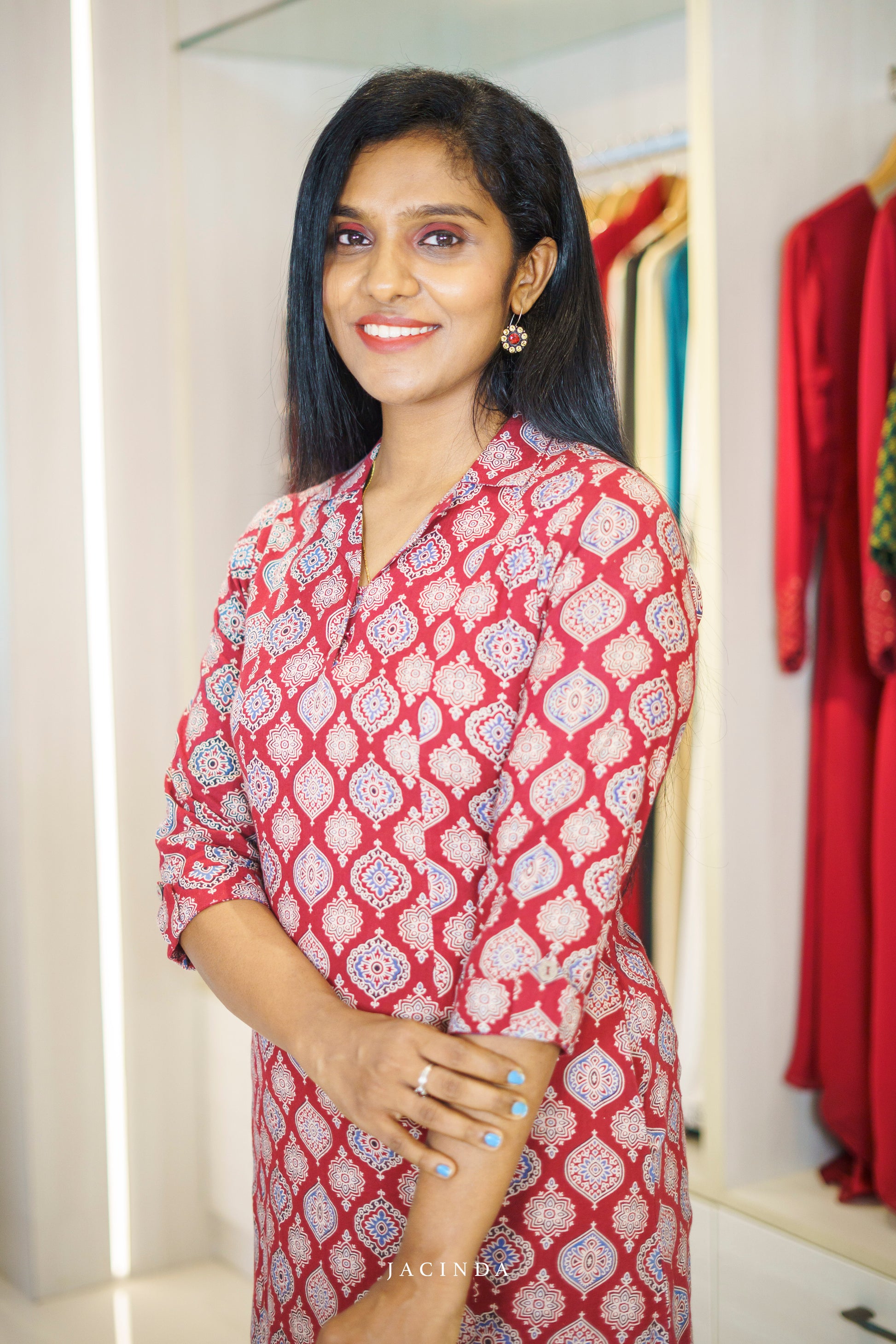 Buy Jacinda Red Ajrakh Print Cotton Aline Dress Kurti