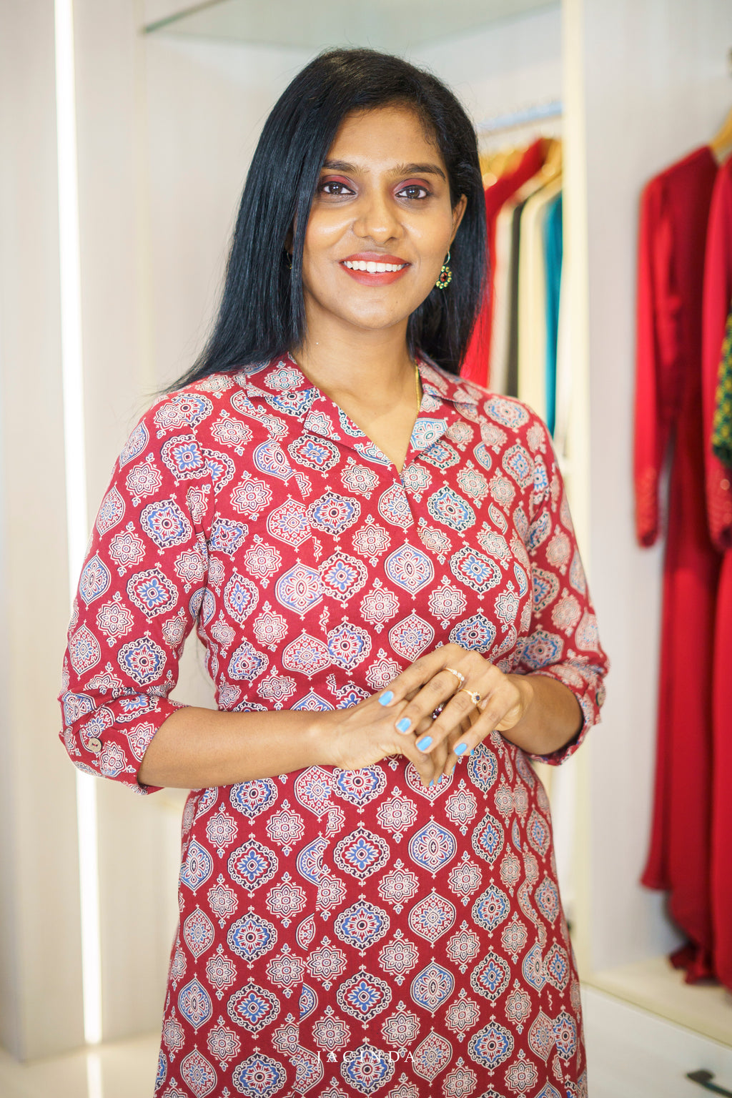 Buy Jacinda Red Ajrakh Print Cotton Aline Dress Kurti