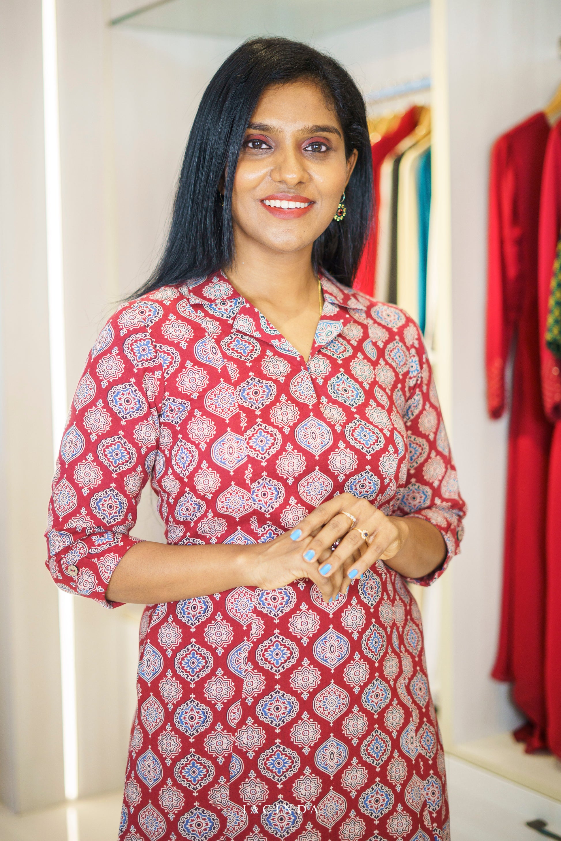 Buy Jacinda Red Ajrakh Print Cotton Aline Dress Kurti
