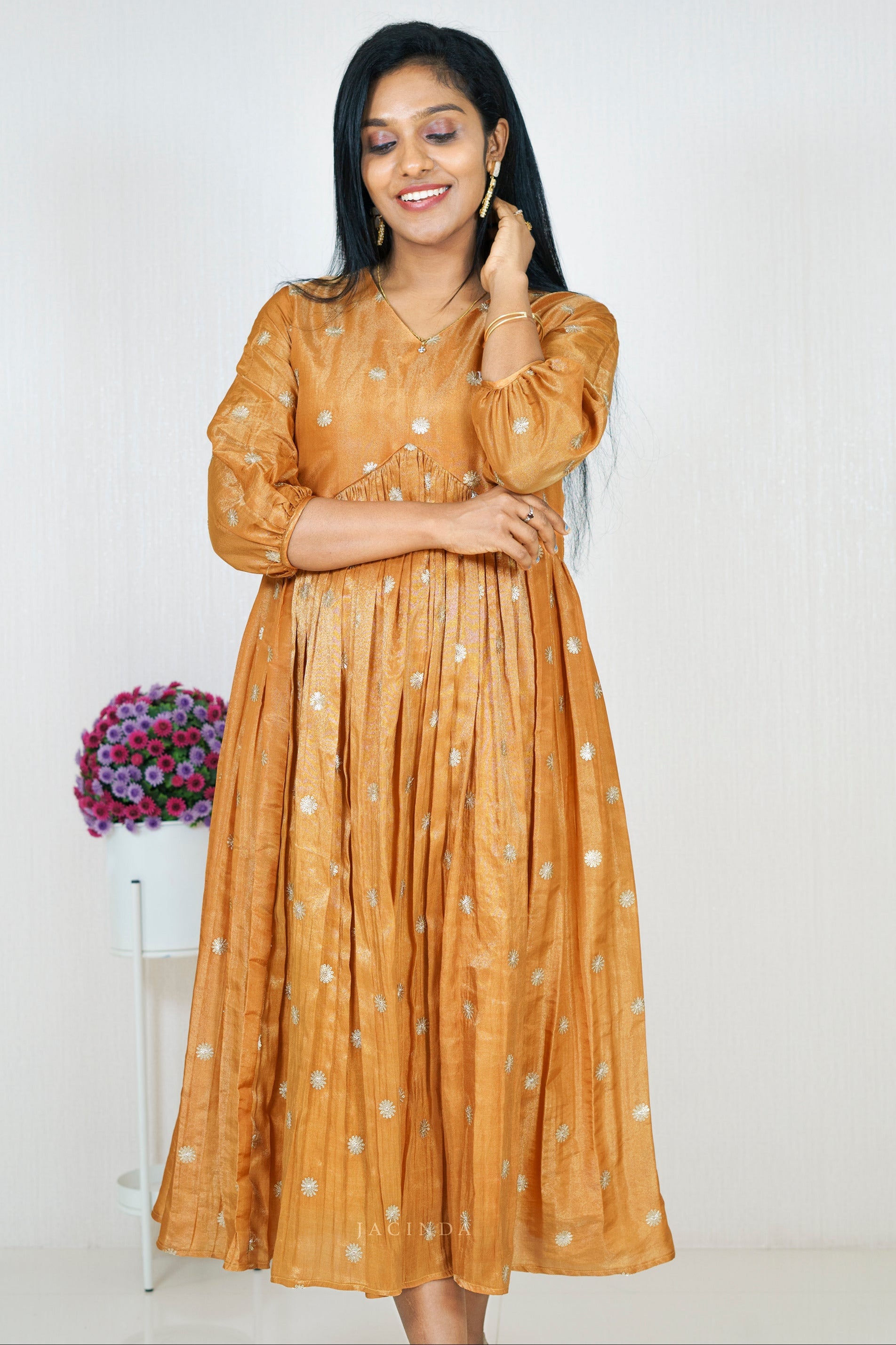 Shop Yellow Tissue Aline Dress Kurti