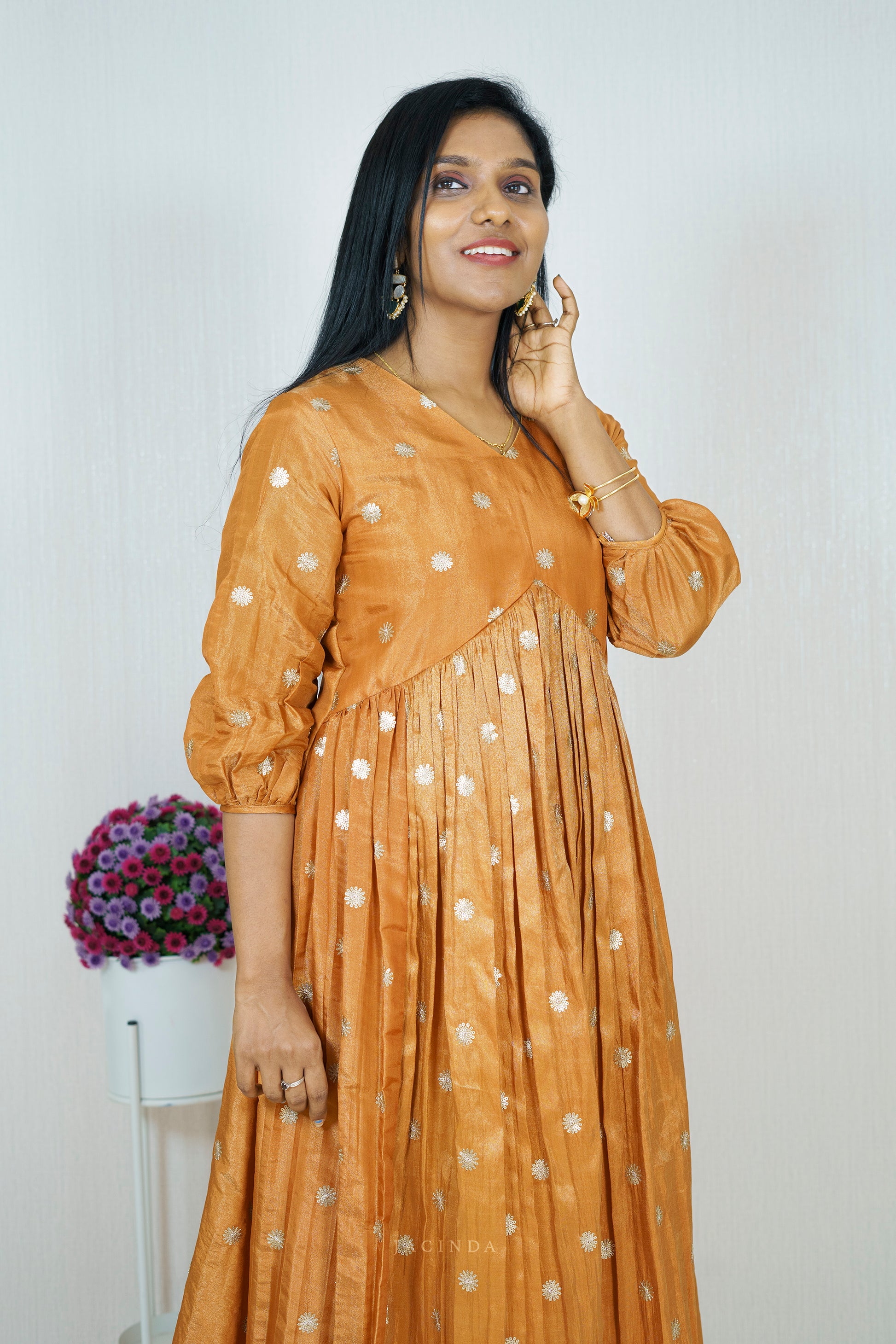 Shop Yellow Tissue Aline Dress Kurti