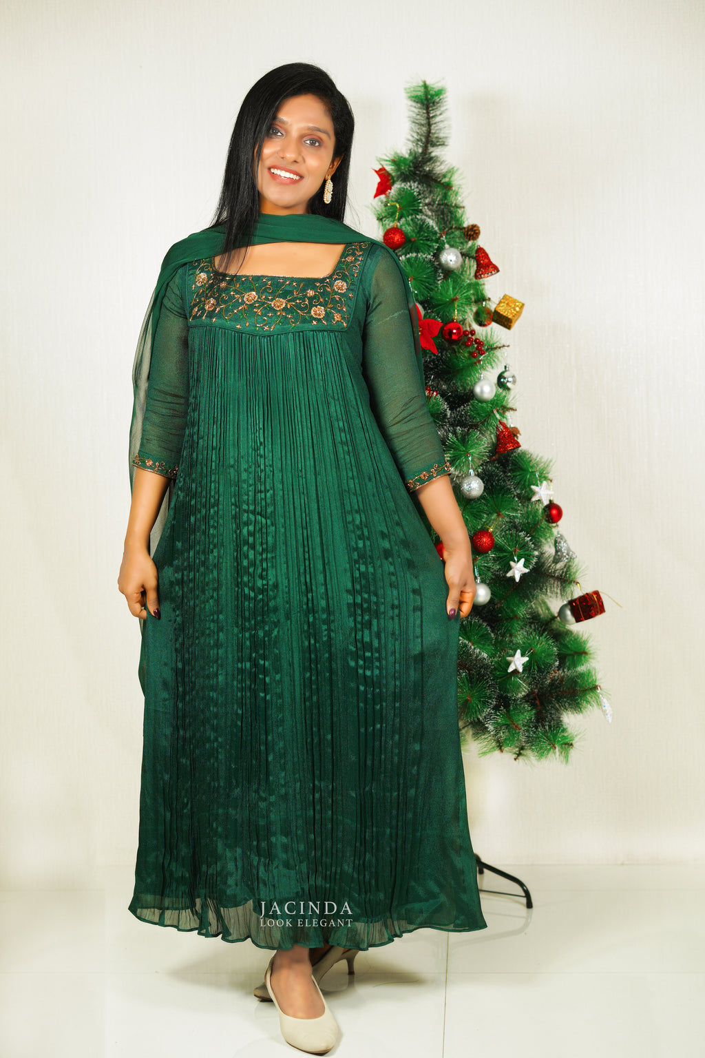 Green Floral Work Aline party wear dress