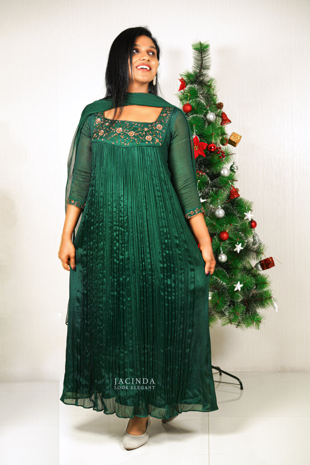 Green Floral Work Aline party wear dress