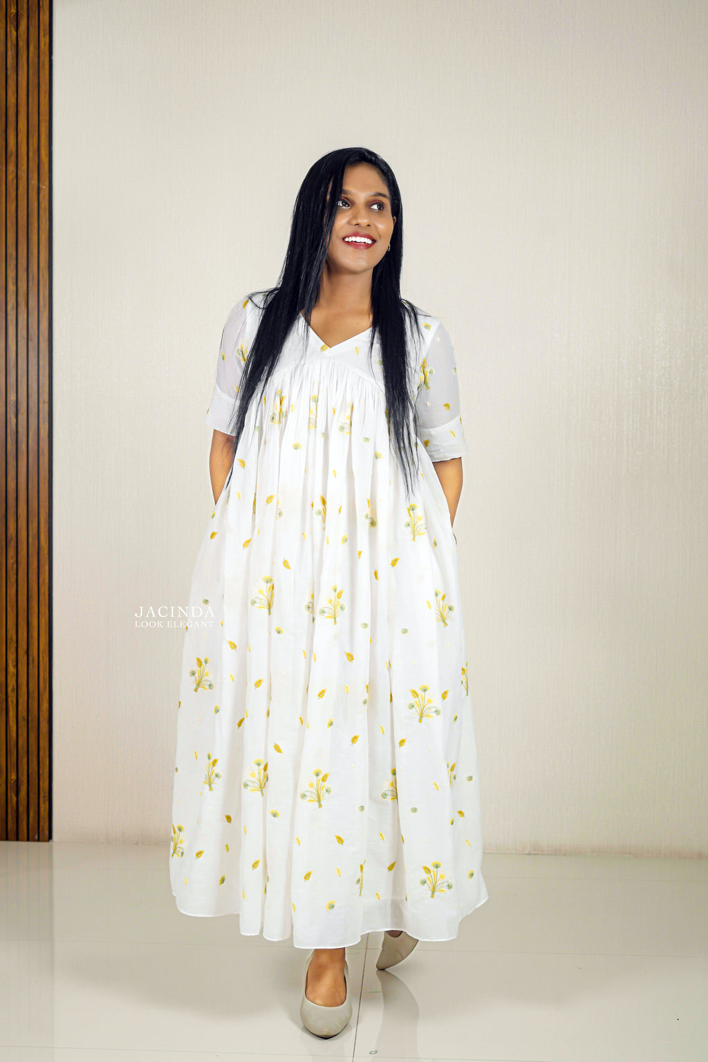 Mul Cotton Yellow Embroidery Dress