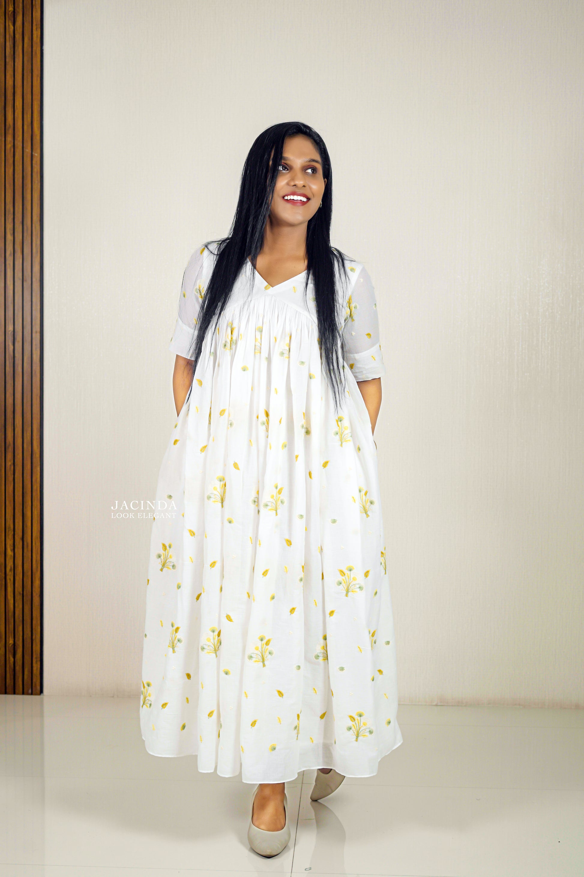 Mul Cotton Yellow Embroidery Dress