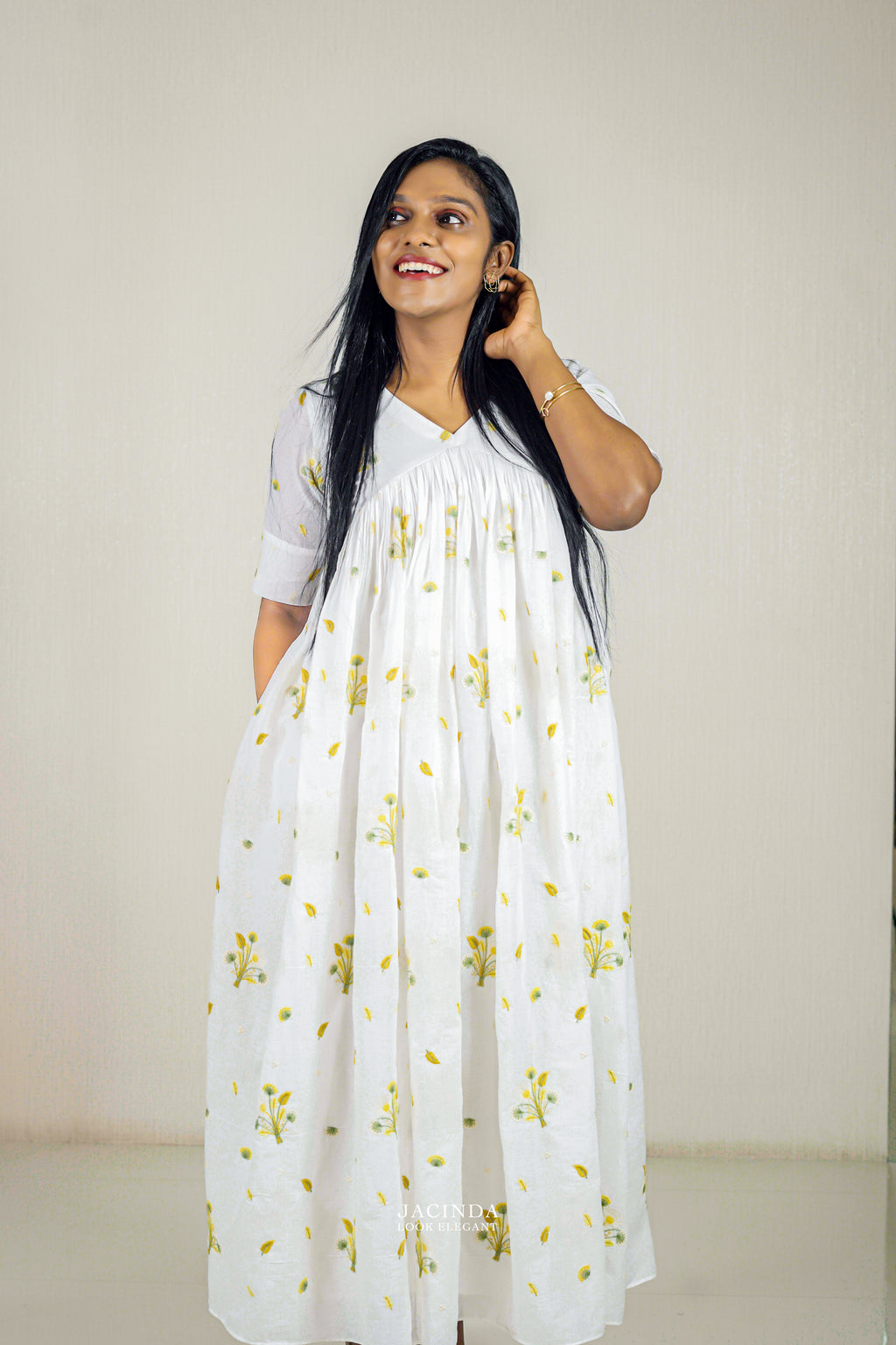 Mul Cotton Yellow Embroidery Dress