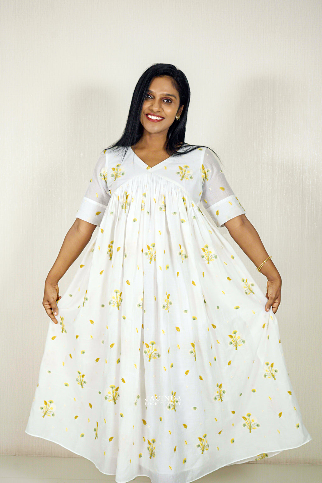 Mul Cotton Yellow Embroidery Dress