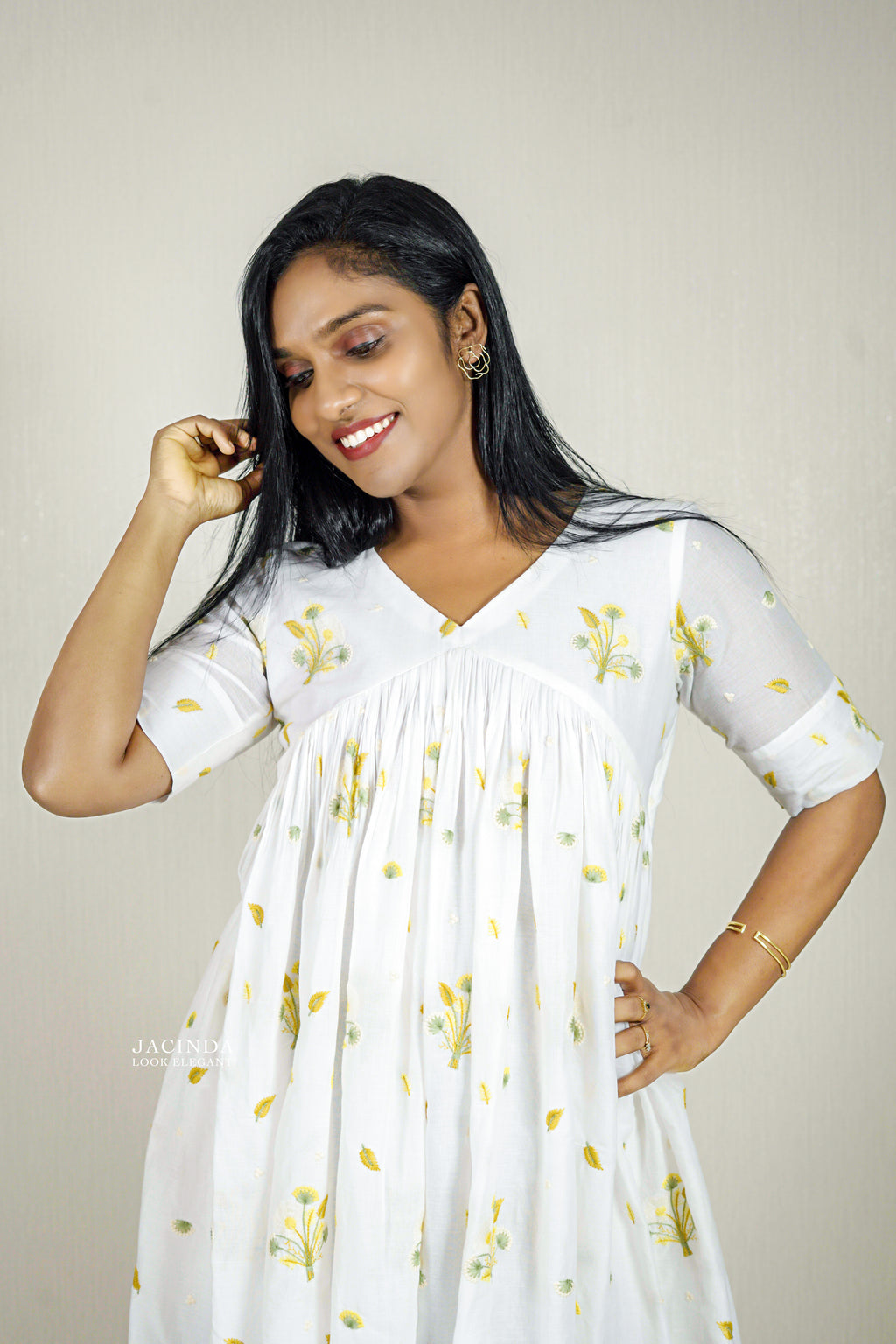 Mul Cotton Yellow Embroidery Dress