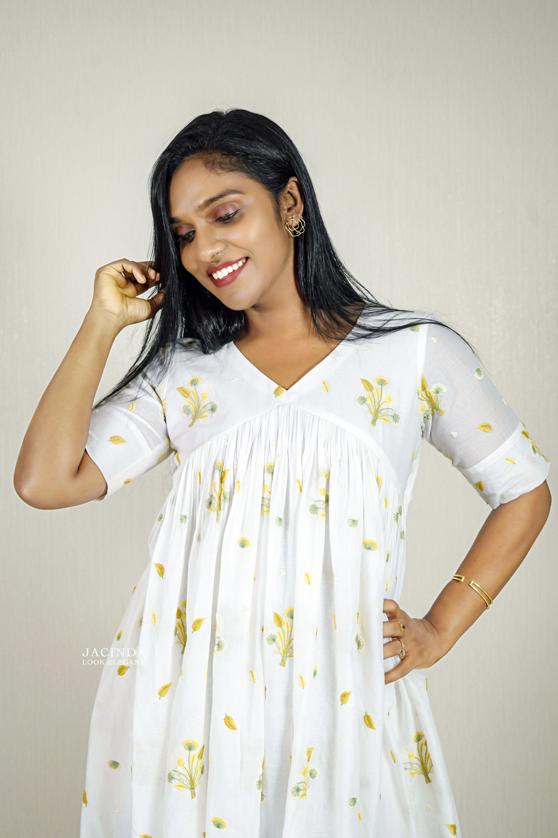 Mul Cotton Yellow Embroidery Dress